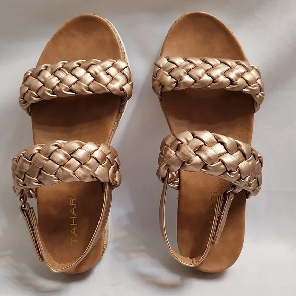 Tahari Gold Open Toe Rope Velcro Closure Cork Heel Summer sandals (girls size 3)